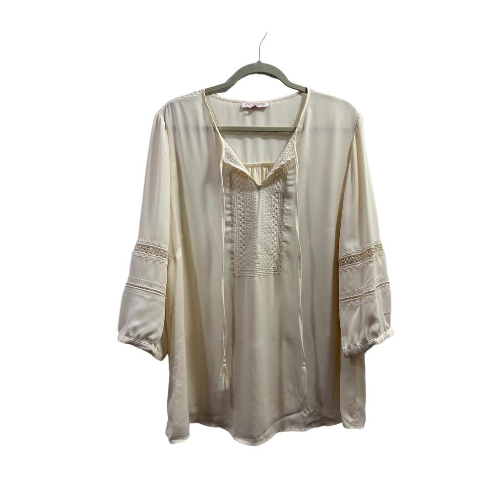 Rose & Thyme Blouse Womens Plus Size 1X Ivory Peasant Long Sleeve VNeck Lace